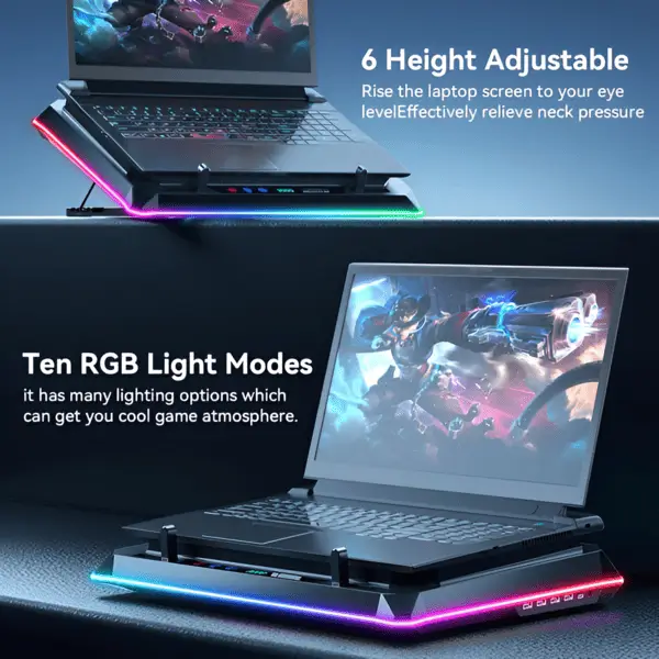 ICE COOREL K9 laptop cooling pad with height adjustable stand and ten RGB light modes