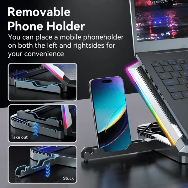 ICE COOREL laptop cooling pad with removable phone holder left right side convenience RGB gaming cooling
