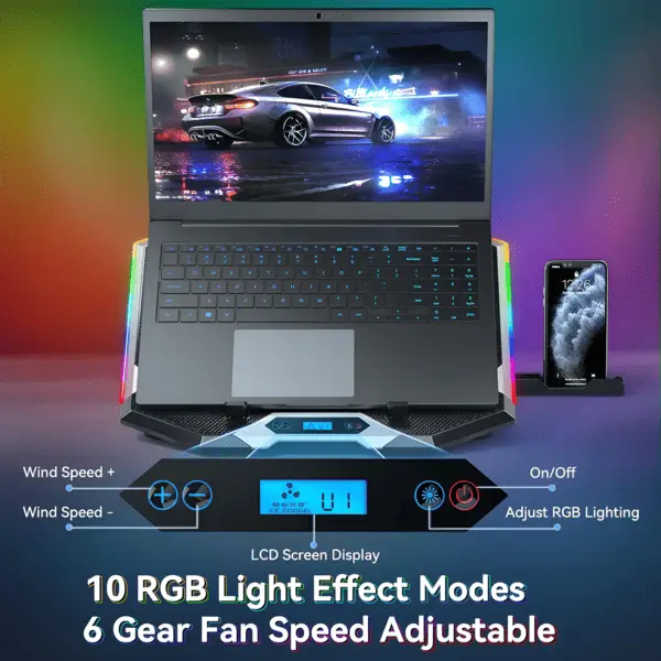 ICE COOREL laptop cooling pad 10 RGB light modes 6 gear fan speed adjustable LCD display control