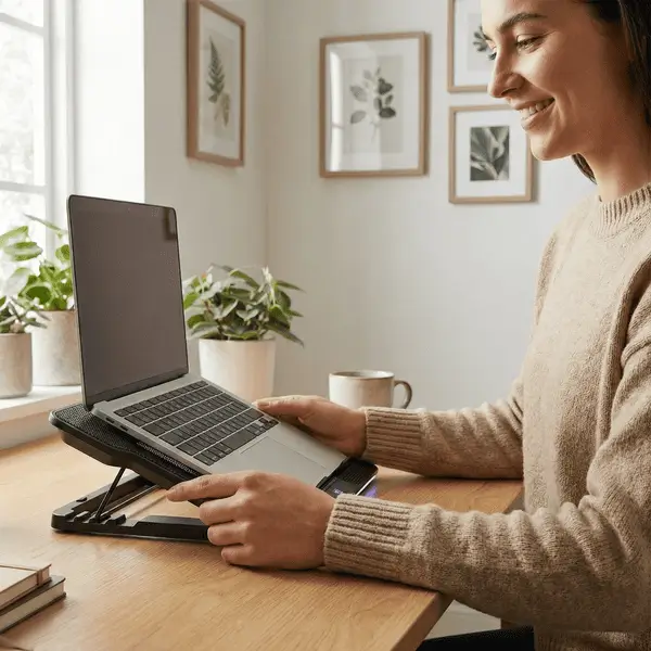 Hero banner showing a laptop on a multi-fan cooling pad in a warm workspace