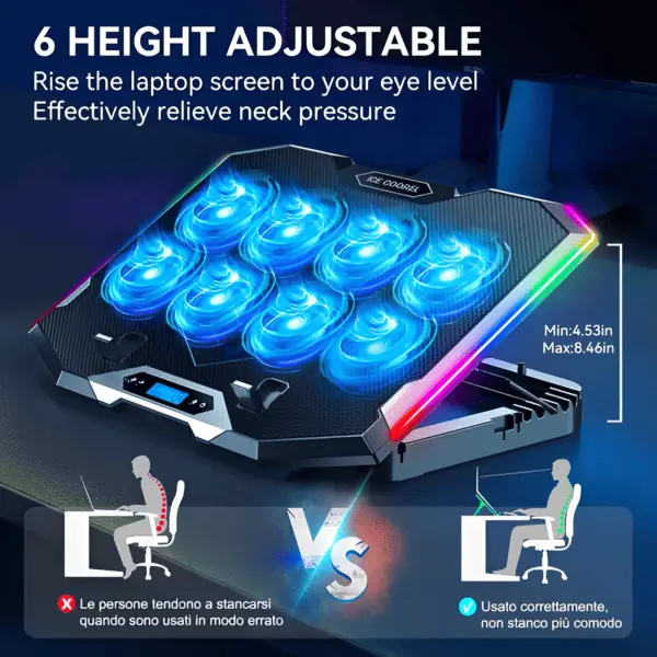 ICE COOREL laptop cooling pad with 6 height adjustable stand 4.53 8.46 inch RGB fans neck pressure relief