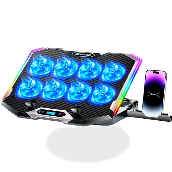 High-performance 8-fan gaming laptop cooling pad with RGB and adjustable stand