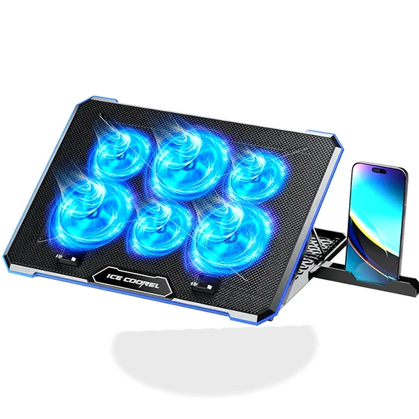 Quiet six-fan laptop cooling pad without RGB, adjustable for lap or desk use
