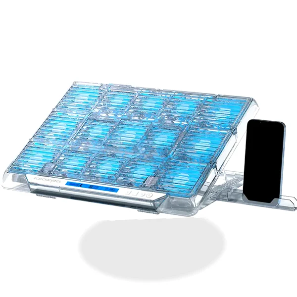 Transparent 15-fan RGB cooling pad for 15–21 inch gaming laptops with Type-C